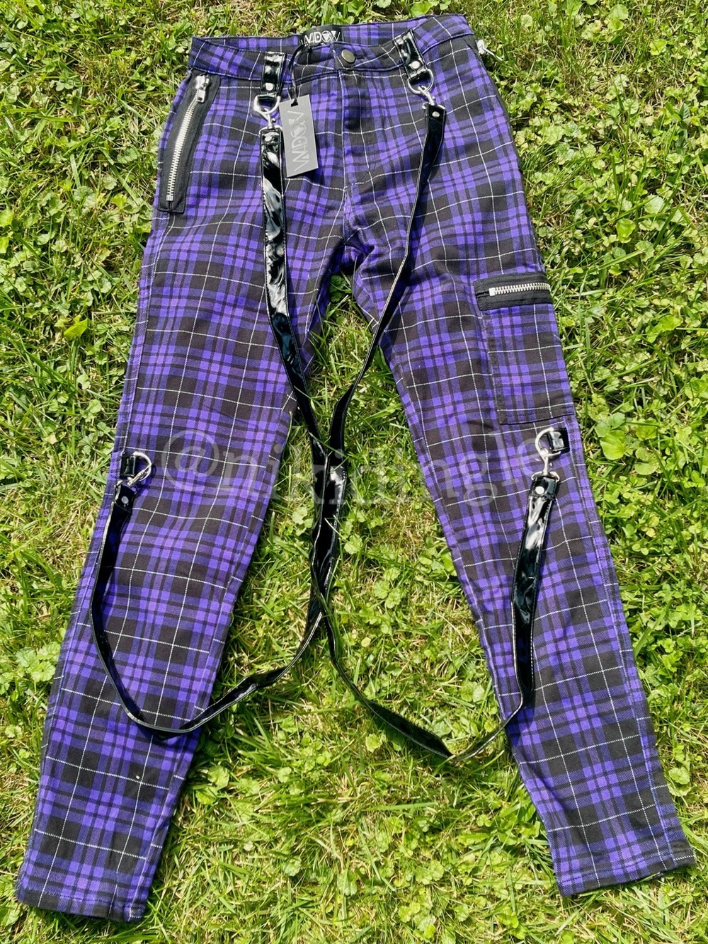 Dolls Kill Purple & Plaid Cargo Pants Bondage Harness Skinny Jeans M Punk Goth - Picture 4 of 9